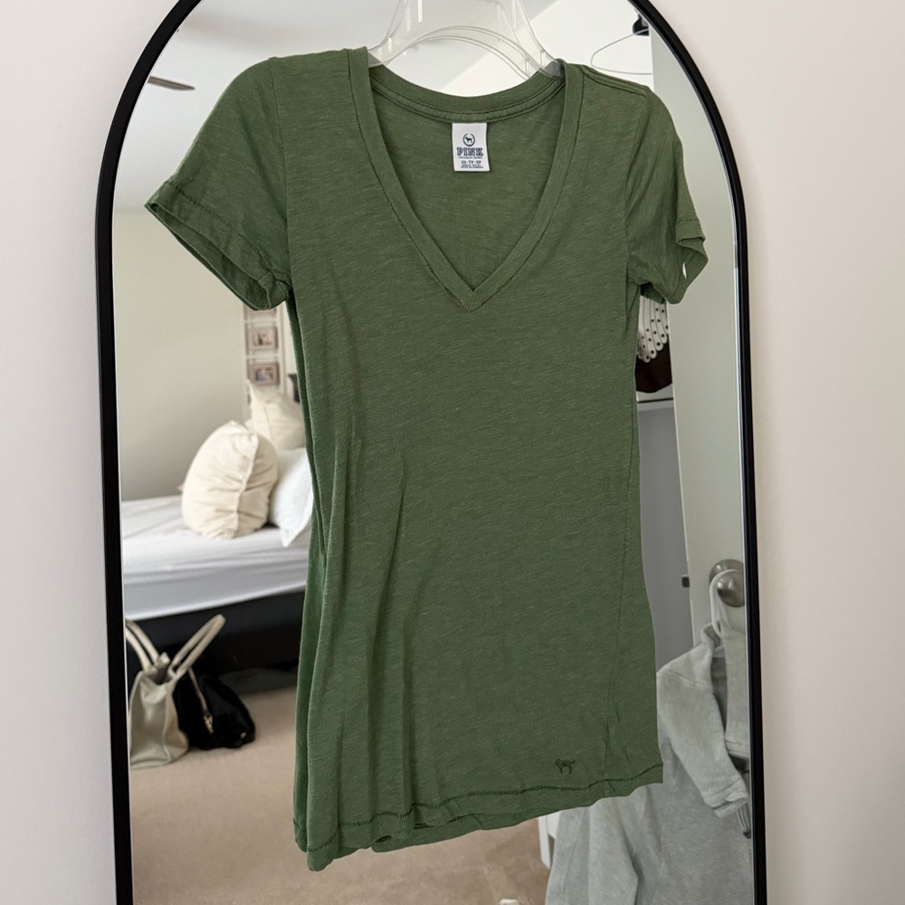 PINK Victoria's Secret Olive Green V-Neck Short Sleeve Tee